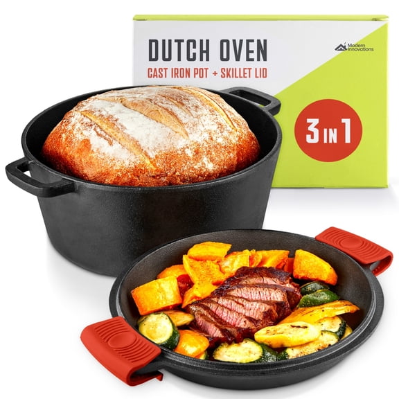 2-in-1 Cast Iron Dutch Oven Pot with Lid, 5 Quart Cast Iron Dutch Oven with Cast Iron Skillet Lid, Cast Iron Pot with Lid, Preseasoned Cast Iron Pots and Pans Set, RV or Lodge Camping Cast Iron Set