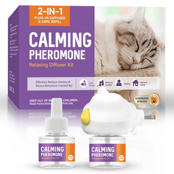 2-in-1 Cat Calming Diffuser Kit with 48ml Pheromone Refill - 60-Day Continuous Stress & Anxiety Relief for Cats - Stop Furniture Scratching, Urine Spraying, and Conflict - Safe Drug-Free Natural Solu