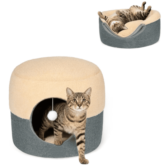 2-in-1 Cat Cave Bed & Lounger with Reversible Plush Cushion, Cat Bed for Indoor Cats, Foldable Anti-Slip Cat House - Calming Cozy Hideaway for Kitten &Small Cats, 15.7in