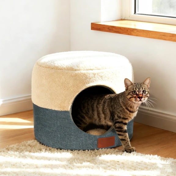 2-in-1 Cat Cave Bed & Lounger with Reversible Plush Cushion, Cat Bed for Indoor Cats, Foldable Anti-Slip Cat House - Calming Cozy Hideaway for Kitten &Small Cats, 15.7in