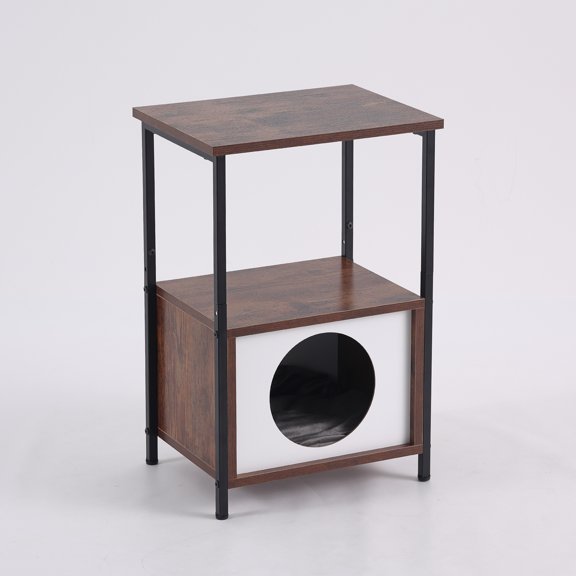 2-in-1 Cat Crate Side Table, Iron + Wood Cat Rest Area with Storage, Multi-Functional End Table for Cats, Tiger Stripe