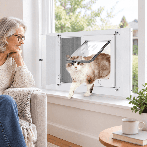 2-in-1 Cat Door For Window With Panel Rainproof & Ventilation Dual ...