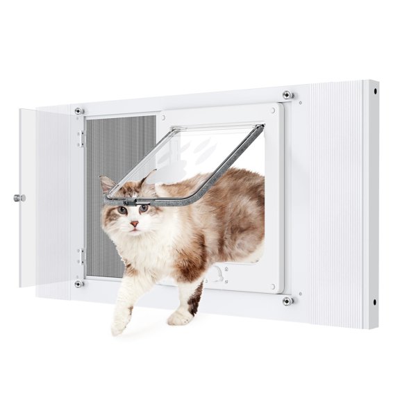 2-in-1 Cat Door For Window With Panel Rainproof & Ventilation Dual Modes Adjustable Width Of 28"-32" Sliding Windows Weather Resistantert