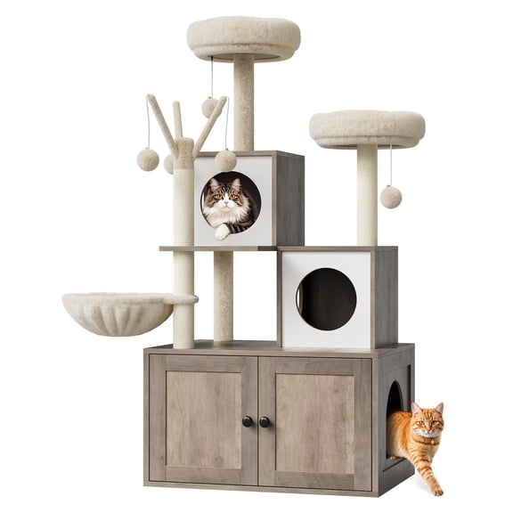 2-in-1 Cat Litter Box Enclosure with Cat Tree, 51-Inch Modern Hidden Cat Washroom Storage Cabinet, Multi-Level Cat Tower with Sisal Scratching Posts, Condo and Perch
