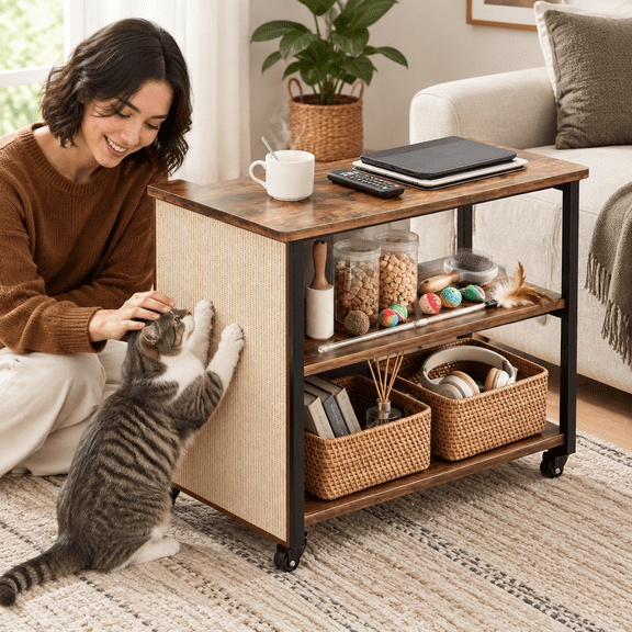 2-in-1 Cat Scratch Couch Side Table With Wheels, Left, Sisal Panel For Living Room