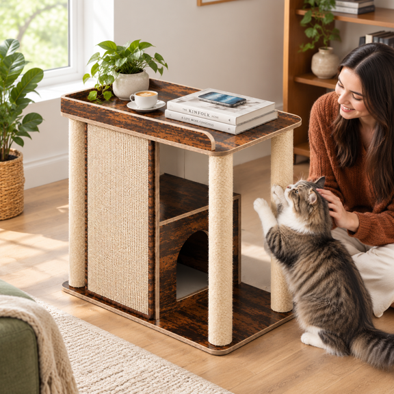 2-in-1 Cat Scratcher Side Table, Couch Protector with Sisal Posts for Indoor Cats