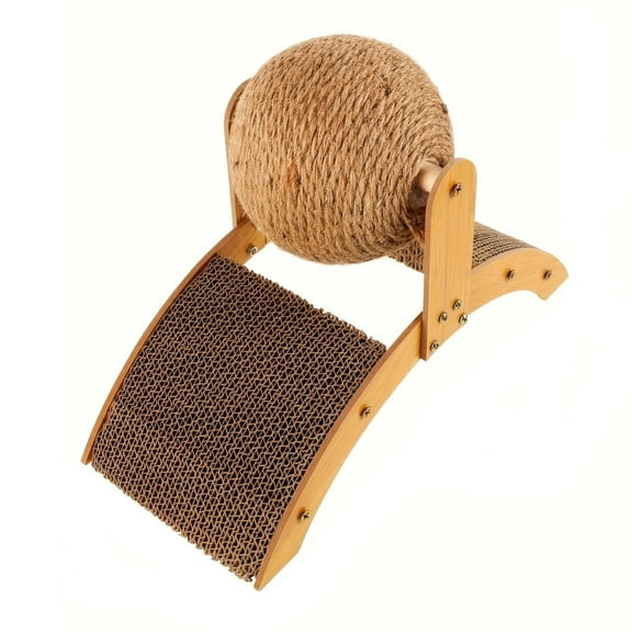 Spinning Sisal Ball Cat Toy & Scratcher, All-in-One Scratching Board and Interactive Play Center, Wood Base for Stability and Safe Play (B)