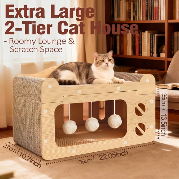 2-in-1 Cat Scratching Post & Bed, Large Cat Tree Condo for Big Cats/Kittens, Durable Corrugated Cardboard, Ventilated