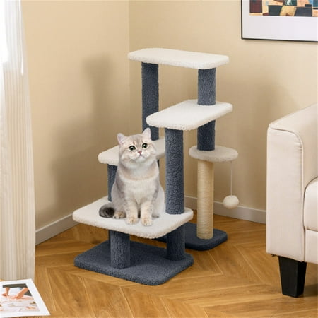 2-in-1 Cat Stairs & Tree Gray 4 Levels Pet Steps with Sisal Scratching Post Faux Sherpa for Elderly Cats Short-Legged Dogs 33 LBS Capacity
