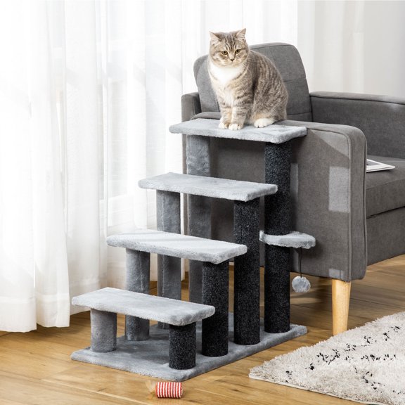 2 in 1 Cat Tree Tower Pet Steps with Scratching Posts, Hanging Toy Ball, 4-Step Pet Climbing Tower for High Bed, Sofa, Indoor Use