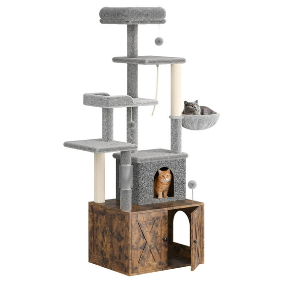 2-in-1 Cat Tree with Hidden Litter Box Enclosure, Multi-Level Cat Tower with Scratching Post and Dangling Balls, Spacious Hammock, Indoor Cat Condo