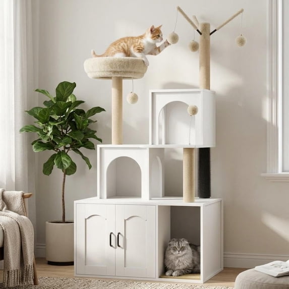 2-in-1 Cat Tree with Hidden Litter Box Enclosure, Wooden Cat Tower & Litter Box Cabinet – Scratching Posts, Cat Condo Cave, Storage, Washable Cushion