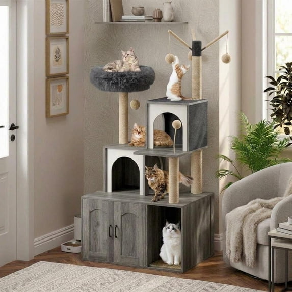 2-in-1 Cat Tree with Hidden Litter Box Enclosure, Wooden Cat Tower & Litter Box Cabinet – Scratching Posts, Cat Condo Cave, Storage, Washable Cushion