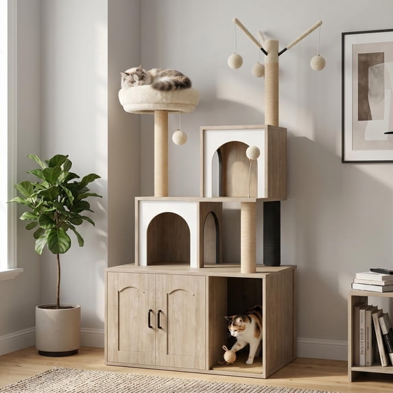 2-in-1 Cat Tree with Hidden Litter Box Enclosure, Wooden Cat Tower & Litter Box Cabinet – Scratching Posts, Cat Condo Cave, Storage, Washable Cushion