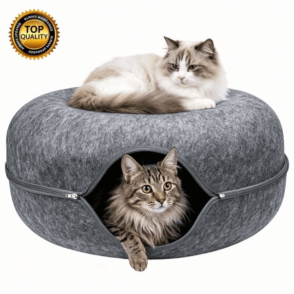 Gamexcel Cat Tunnel Bed for Indoor Cats, 24 Inch Felt Peekaboo Cat Cave, Washable Donut Hideaway Bed, Dark Gray