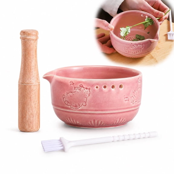 2 in 1 Ceramic Herb Stripper and Garlic Grater Bowl,Multi Function Grater,Cat Design Handmade Pottery Kitchen Tool,for Garlic,Herbs,Etc