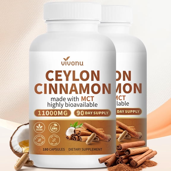 2-in-1 Ceylon Cinnamon with MCT Oil Powder Supplements Capsules,2 Bottle Authentic Sri Lankan Source,Liposome Highly Bioavailable,Energy & Metabolism Support, Non-GMO,Gluten Free Easy to Swallow