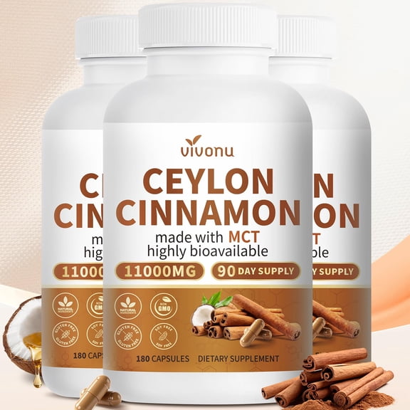 2-in-1 Ceylon Cinnamon with MCT Oil Powder Supplements Capsules,3 Bottle Authentic Sri Lankan Source, Liposome Highly Bioavailable,Energy & Metabolism Support,Non-GMO,Gluten Free Easy to Swallow
