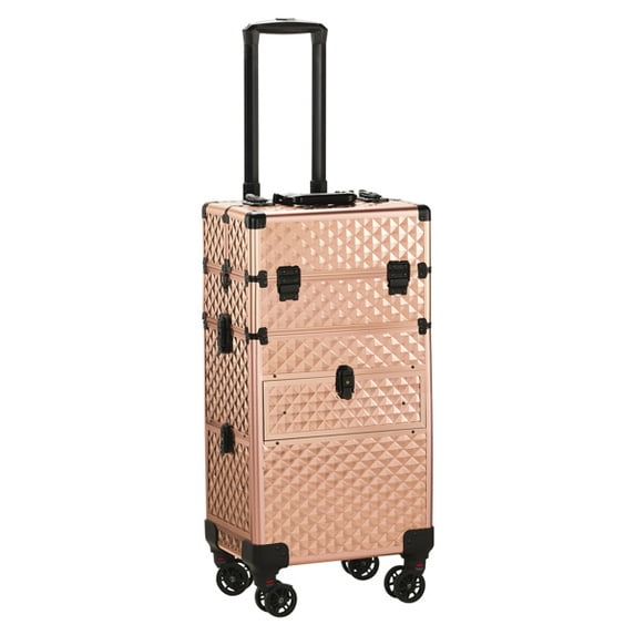 2-in-1 Champagne Gold Makeup Case, Diamond-Patterned Aluminum, Sliding & Removable Drawers with Swivel Wheels for Vanity/Travel/Professionals