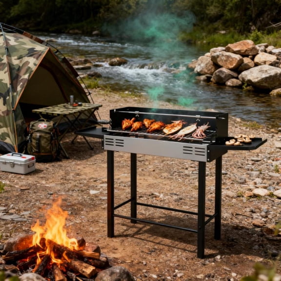 2-in-1 Charcoal Rotisserie Grill: 3-Level Adjustable Grate, Foldable Storage Shelves  Outdoor BBQ for Whole Chicken, Turkey, Camping and Backyard Cooking