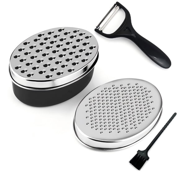 2-in-1 Cheese Grater with Container & Lid, Stainless Steel Vegetable Grater Set with Storage Box, Dual Grating Plates, Peeler & Cleaning Brush, Multi-Purpose Kitchen Tool (Black/Red/Blue)