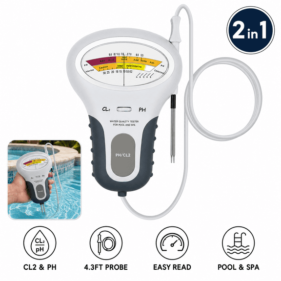 2 in 1 Chlorine & pH Meter, Handheld Pool Water Quality Tester with 4.3ft Probe for Swimming Pools Spas