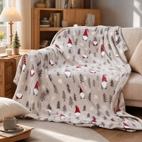 2‑in‑1 Christmas Gnome Print Throw Blanket, 40"x60"Soft Cozy Fleece Blanket, Non-shed All‑Season Suitable Washable for Couch Sofa Bed Living Room Home Decor Warm Lightweight Decorative Wrap