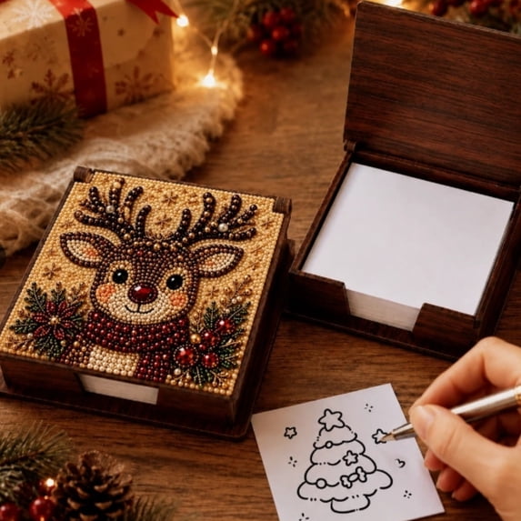 2-in-1 Christmas Reindeer Rhinestone Diamond Painting Box, DIY Gem Art Jewelry Box & Sticky Note Dispenser, Xmas Gift
