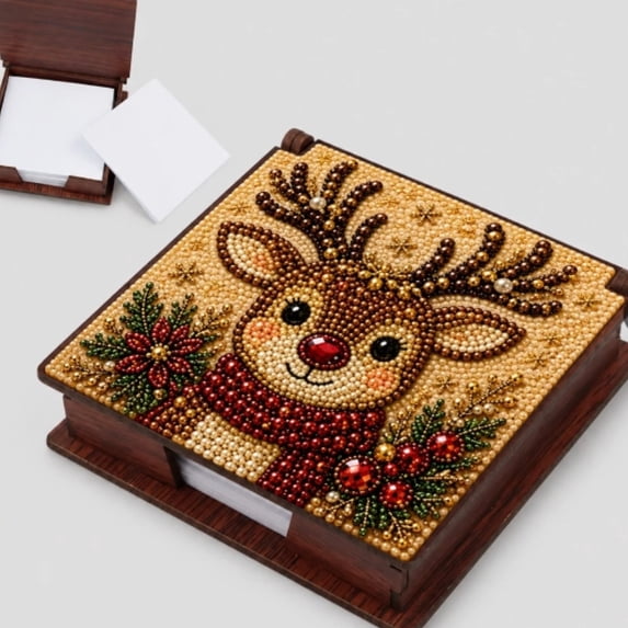 2-in-1 Christmas Reindeer Rhinestone Diamond Painting Box, DIY Gem Art Jewelry Box & Sticky Note Dispenser, Xmas Gift