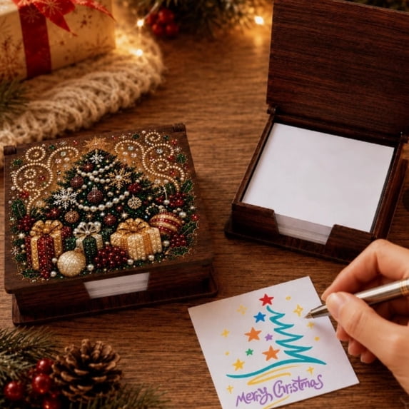 2-in-1 Christmas Tree Diamond Painting Box, DIY Gem Art Jewelry Organizer & Sticky Note Holder, Wooden Holiday Desk Decor Gift