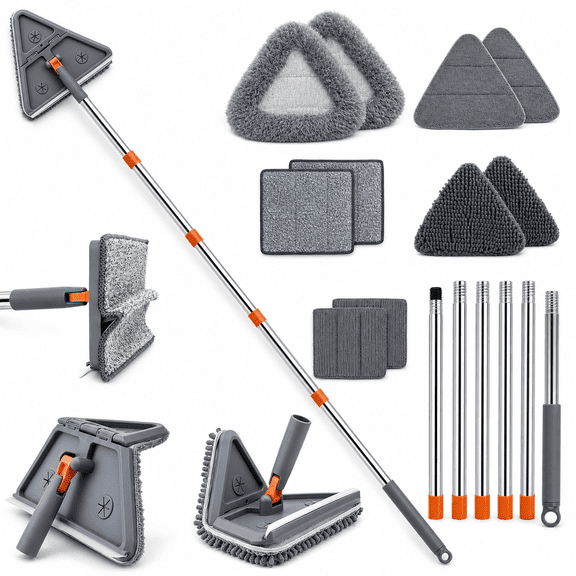2-in-1 Cleaning Mop with Triangle and Rectangle Heads, 98" Long Handle, 10 Washable Pads