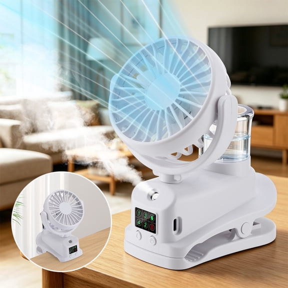 2-in-1 Clip on Fan with Humidify, Humidifier Cooling Fan,Portable Desk Fan with 4 Speeds & LED Screen, Rechargeable Stroller Fan 1200mAh Battery for Home Office Outdoor