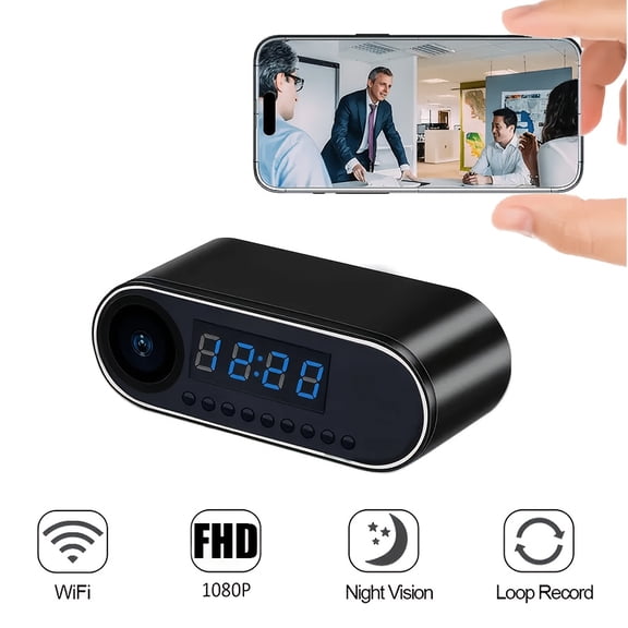 2-in-1 Clock & 1080P Security Camera with Night Vision, Motion Detection, 64GB Card, Portable for Home Office