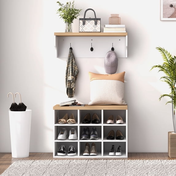 Sjor Racj 2-in-1 Coat Rack Shoe Bench Set with 3-Tier Shoe Storage, 9 Pair ...