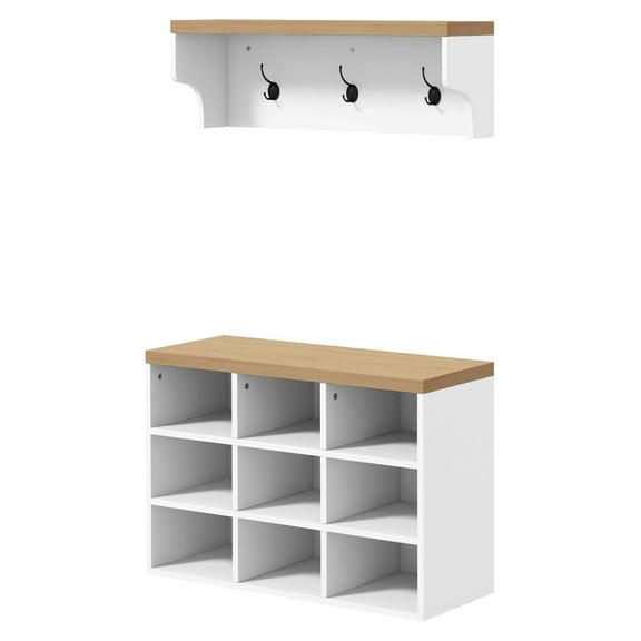 2-in-1 Coat Rack Shoe Set 9 Pair Storage Cabinet Hall Tree Entryway Hallway Mudroom Bedroom Organizer White