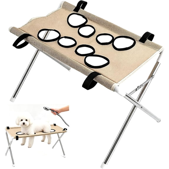 2-in-1 Coffee Foldable Pet Grooming Table & Hanging Hammock, Breathable Mesh Dog Shower Sling Bathing Stand with 8 Leg Holes for Cat Small Dog Nail Trimming & Washing