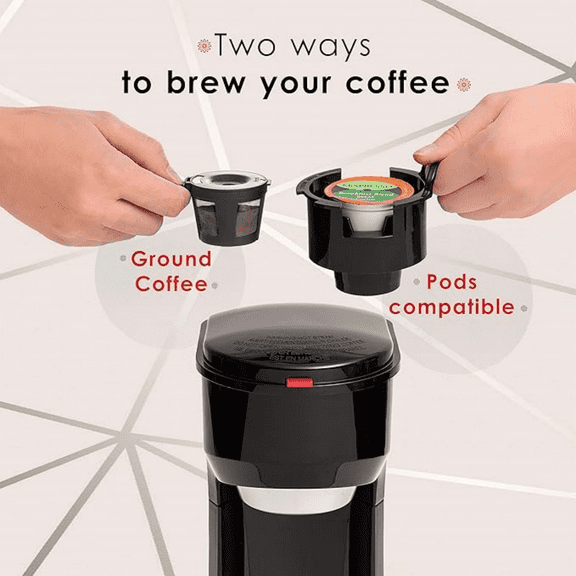 2-in-1 Coffee Maker  Single Serve & Ground Coffee Brewer, Compact Personal Coffee Machine for Pods & Loose Grounds, Quick Brew 14 oz Portable Small Coffee Maker, Black