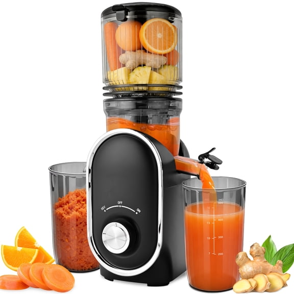 2-in-1 Cold Press Juicer & Blender, 5.2" XL Wide Chute Slow Masticating Juicer, High Juice Yield, Easy Clean, Smoothie & Shake Maker, 110V-120V, Square Design