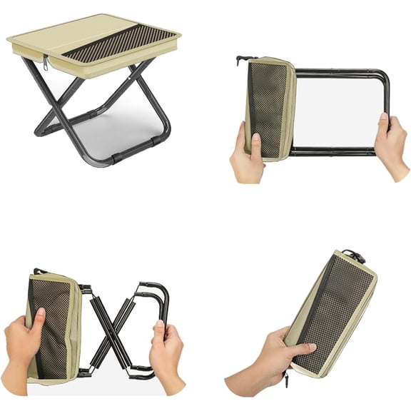 2-in-1 Collapsible Camping Stool & Sling Bag / 220LB Load Capacity Folding Portable Fishing Stool/Collapsible Stool for Camping, Hiking, Fishing, Gardening & Beach Outdoor Activities (Grey, M),Khaki