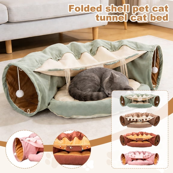2-in-1 Collapsible Cat Tunnel for Indoor Bed and Hideout - Pet Dog Rabbit Bunny Ferret Tunnel Tubes Toys with Removable Washable Mat, Tower Wheel Stuff Saffron