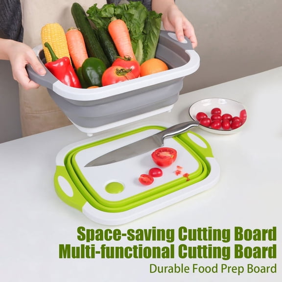 2-in-1 Collapsible Cutting Board with Colander Lid Space Saving BBQ Picnic Veggie Wash Prep Storage Caddy Tub