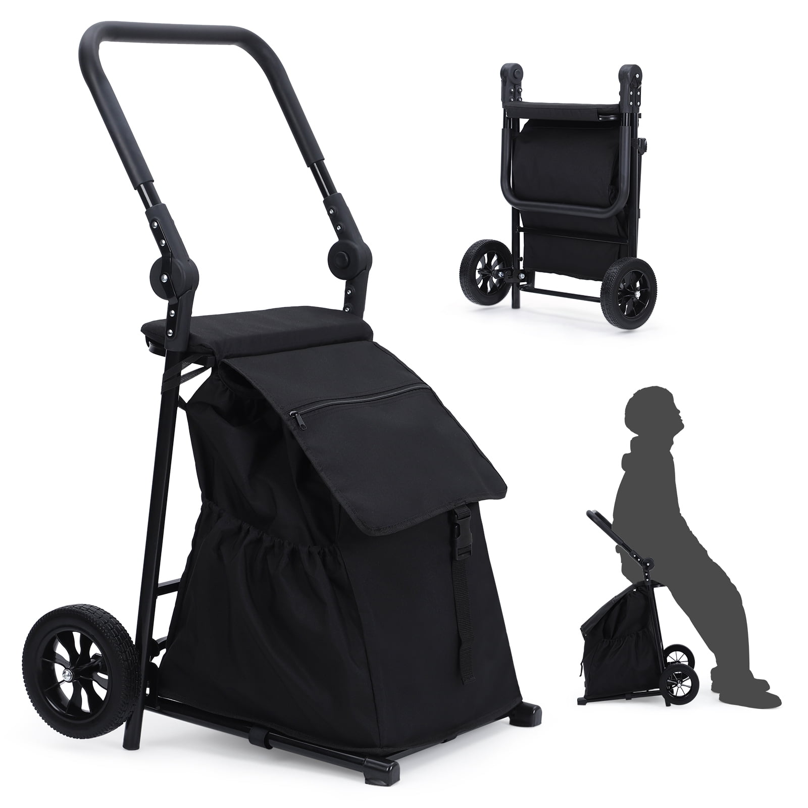 2-in-1 Collapsible Grocery & Utility Cart, 32.5 Gal Removable Waterproof Bag, Heavy-Duty Rolling Hand Truck, Cushioned Seat, Adjustable Non-Slip Handle,  for Seniors, Laundry, Market, Travel
