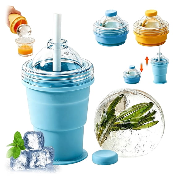 2-in-1 Collapsible Ice Ball Maker Cup – Portable Silicone Beverage Tumbler with Straw, Leakproof Design for Iced Drinks, Travel Commute Sports Daily Use, BPA Free