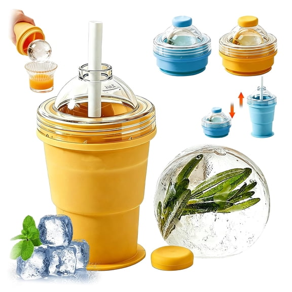 2-in-1 Collapsible Ice Ball Maker Cup – Portable Silicone Beverage Tumbler with Straw, Leakproof Design for Iced Drinks, Travel Commute Sports Daily Use, BPA Free