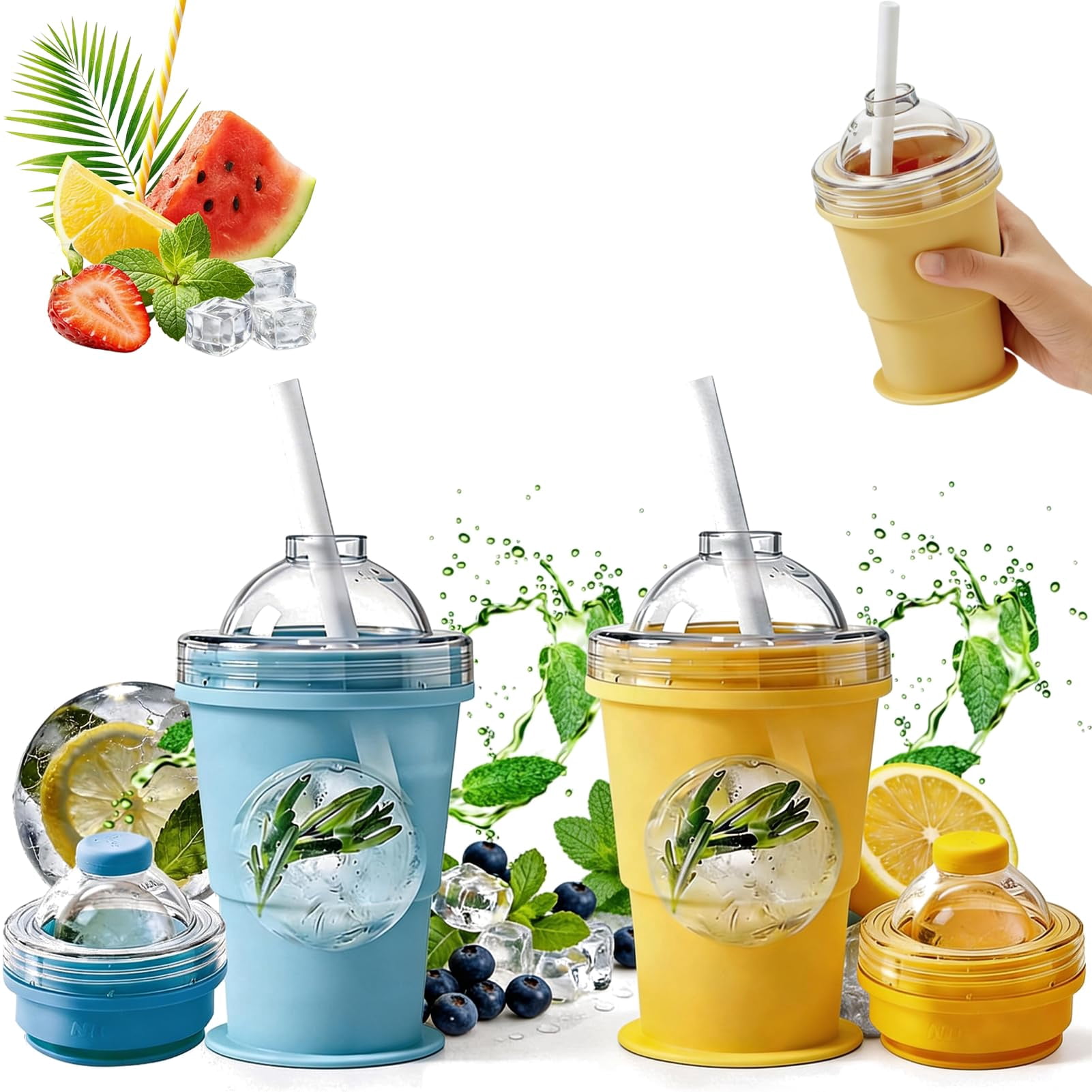 2-in-1 Collapsible Silicone Ice Ball Maker Cup 325 ml Silicone Ice Sphere Mold with Lid and Straw for Travel Drinks