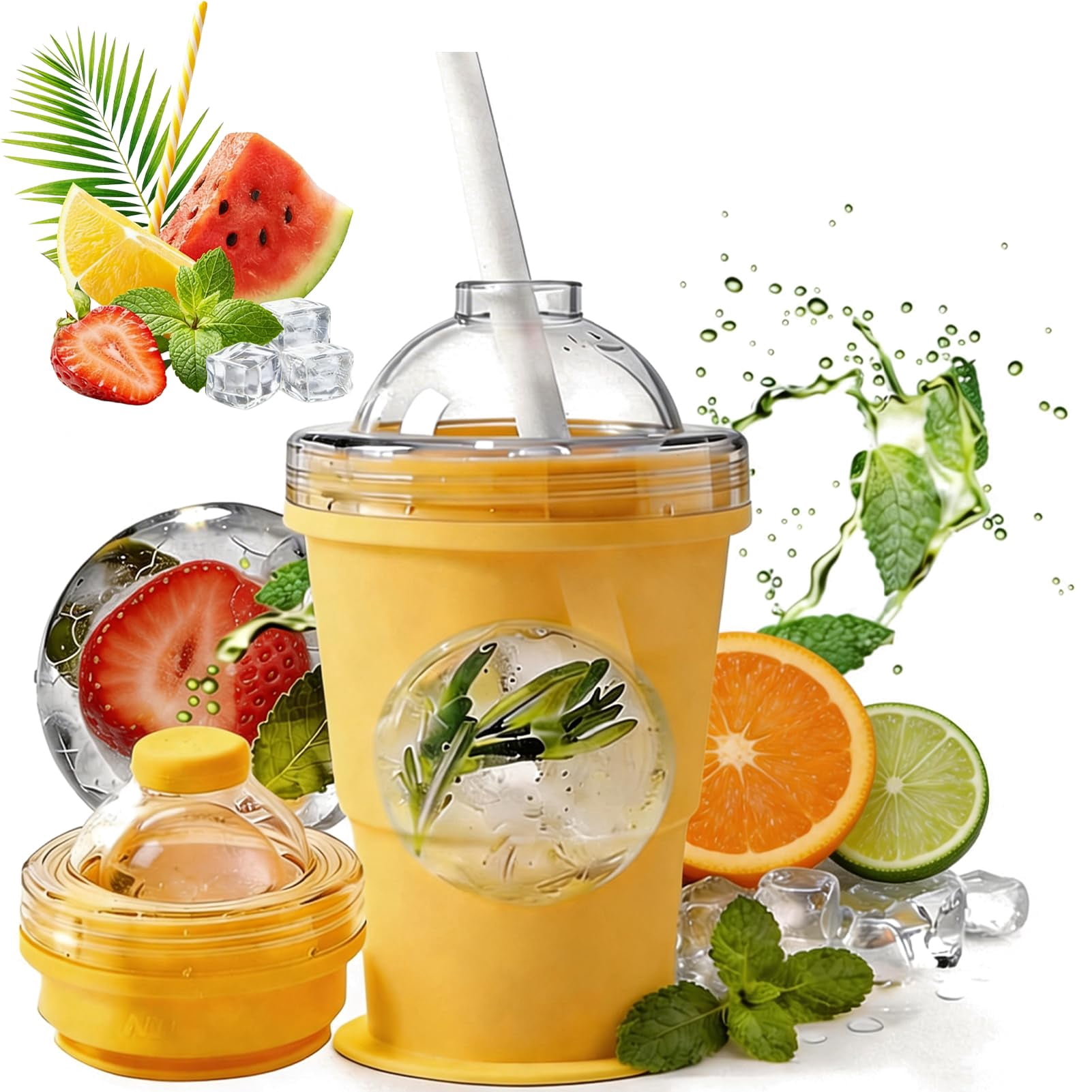2-in-1 Collapsible Silicone Ice Ball Maker Cup 325 ml Silicone Ice Sphere Mold with Lid and Straw for Travel Drinks