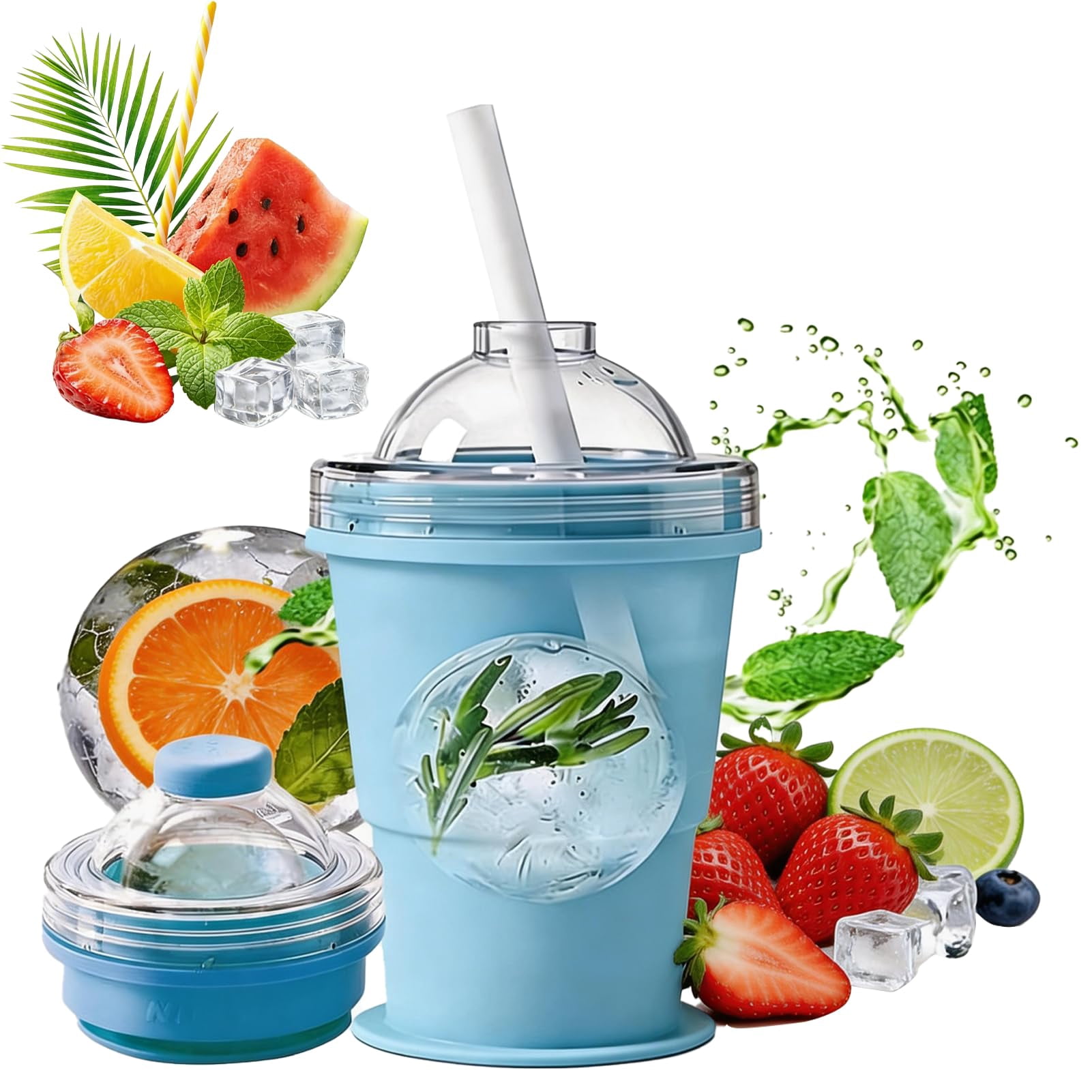2-in-1 Collapsible Silicone Ice Ball Maker Cup 325 ml Silicone Ice Sphere Mold with Lid and Straw for Travel Drinks