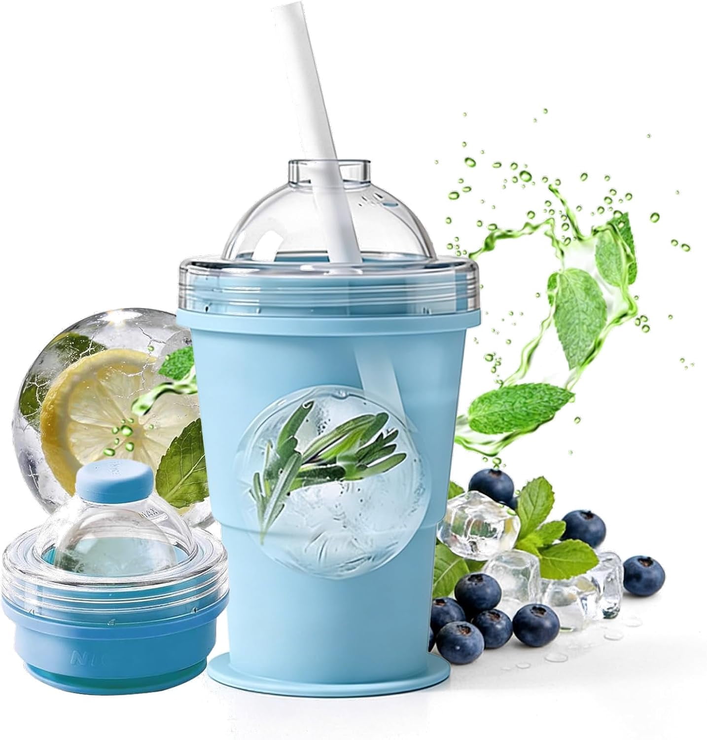 2-in-1 Collapsible Silicone Ice Ball Maker Cup, Foldable Ice Ball Drink Cup, Reusable Portable Silicone Ice Sphere Mold Bottle with Straw & Lid, Easy Demolding, Leakproof Travel Tumbler (Blue)