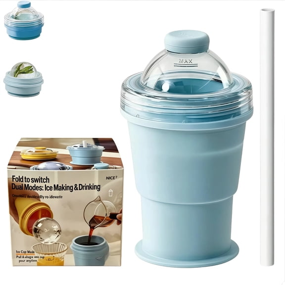 2-in-1 Collapsible Silicone Ice Ball Maker Cup Leakproof Foldable Ice Cube Cup Portable for Travel Cup with Strawf