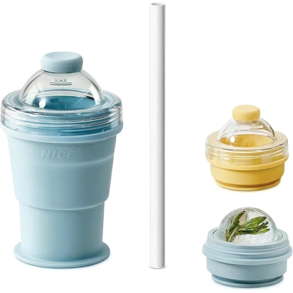 2-in-1 Collapsible Silicone Ice Ball Maker Cup, Reusable Ice Sphere Mold with Straw & Lid, Travel Tumbler